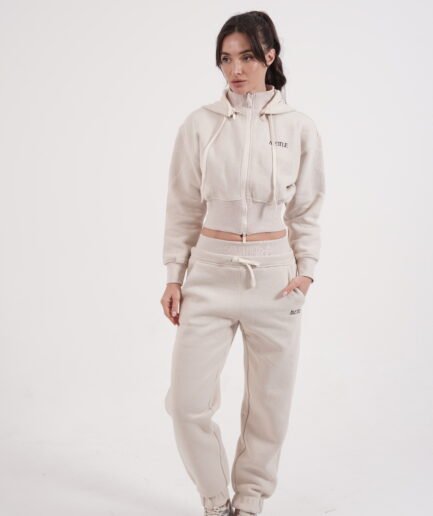 Beige Sport Set | Zip Crop Hoodie & Pants | Luxe & Comfortable